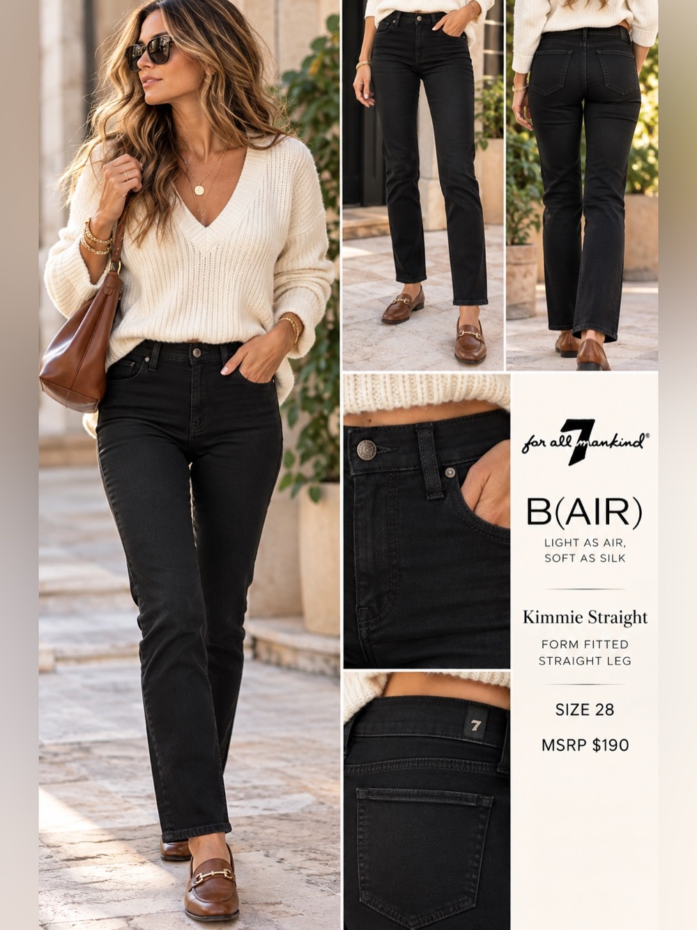 7 For All Mankind B(AIR) Kimmie Straight Black Jeans Size 28 NWT $190